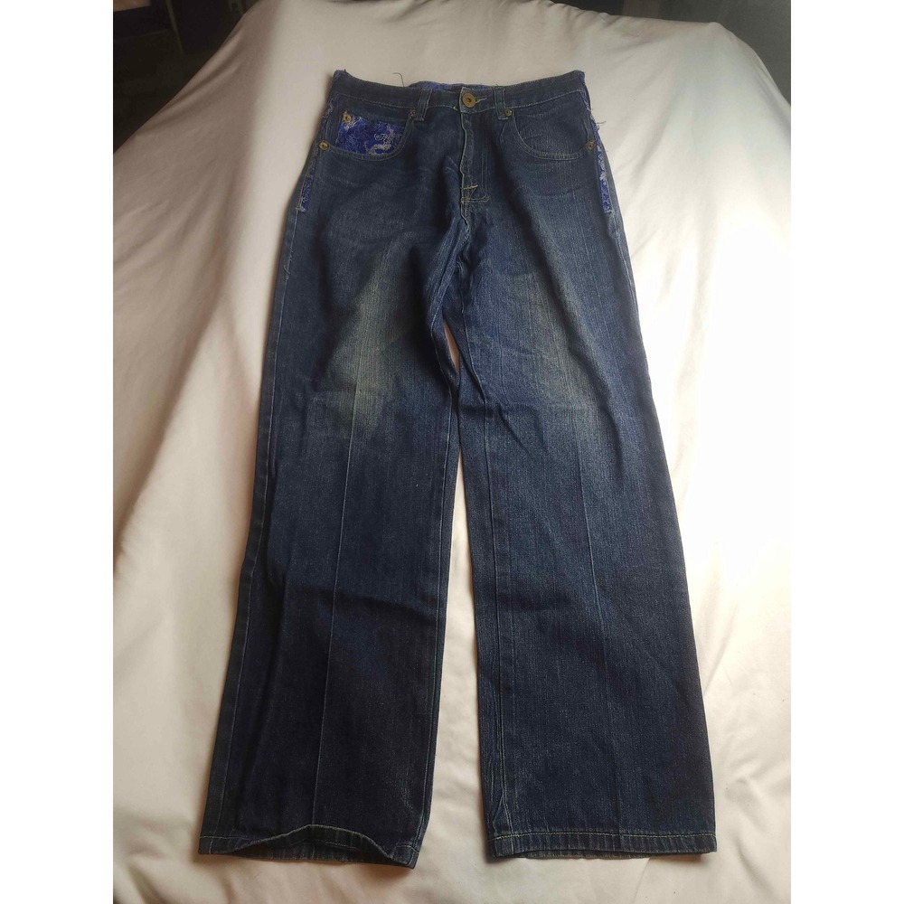 Brooklyn Xpress BX70 Mens 34x32 Blue Dragon Brocade Baggy Streetwear Jeans Y2K